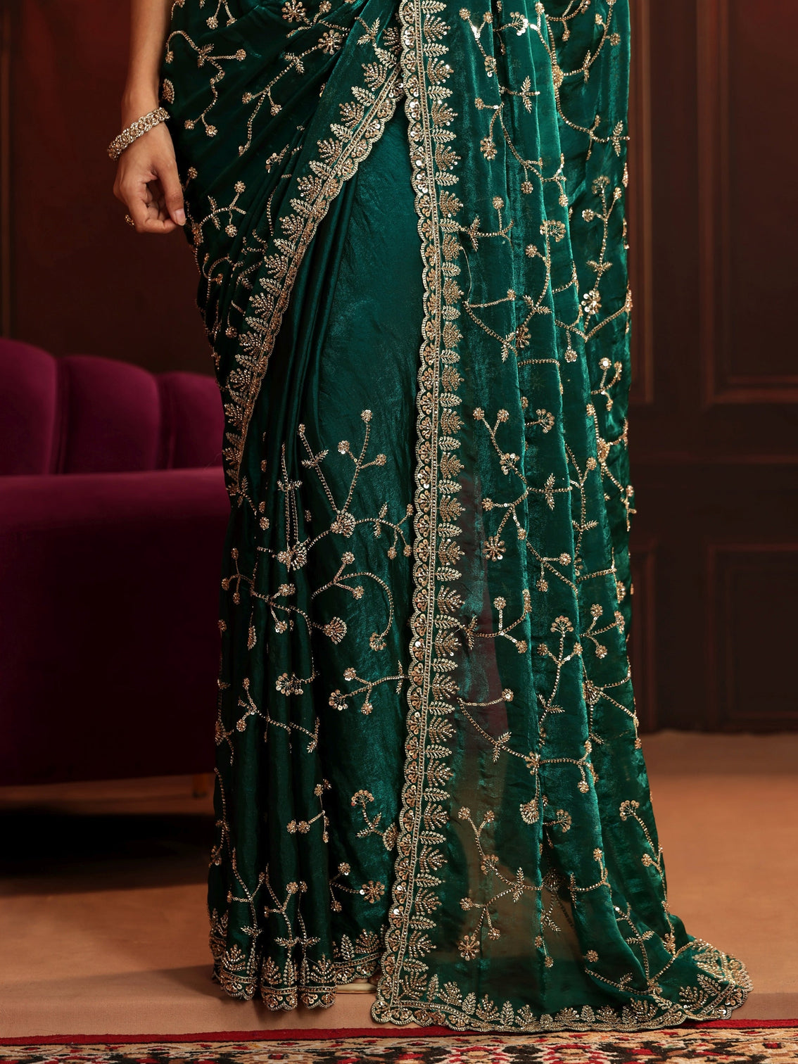 Mameraa Art Teal Green Floral Embellished Tissue Saree