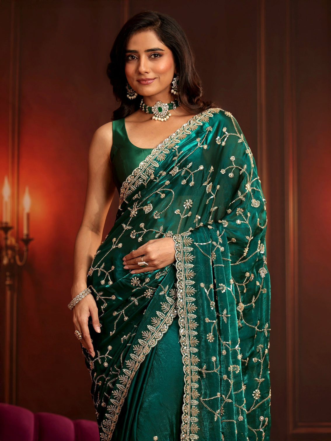 Mameraa Art Teal Green Floral Embellished Tissue Saree