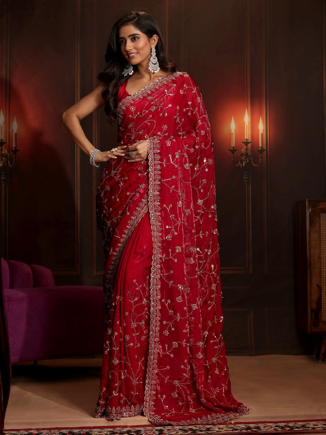 Mameraa Art Crimson Red Floral Embellished Tissue Saree