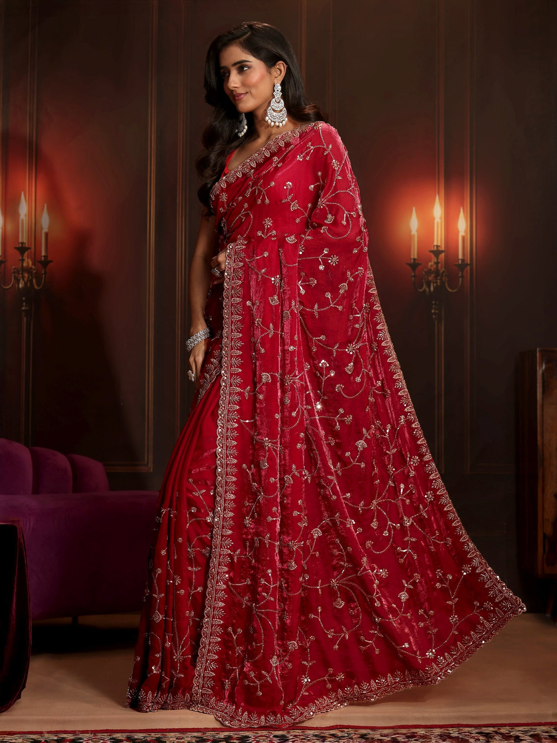 Mameraa Art Crimson Red Floral Embellished Tissue Saree