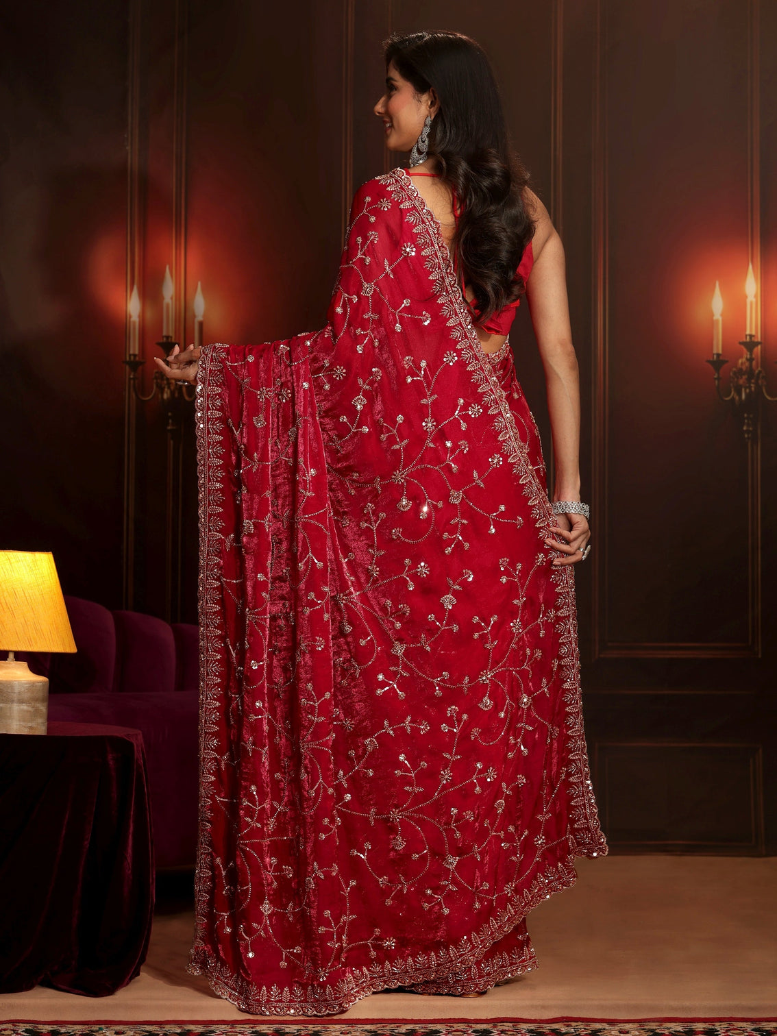 Mameraa Art Crimson Red Floral Embellished Tissue Saree