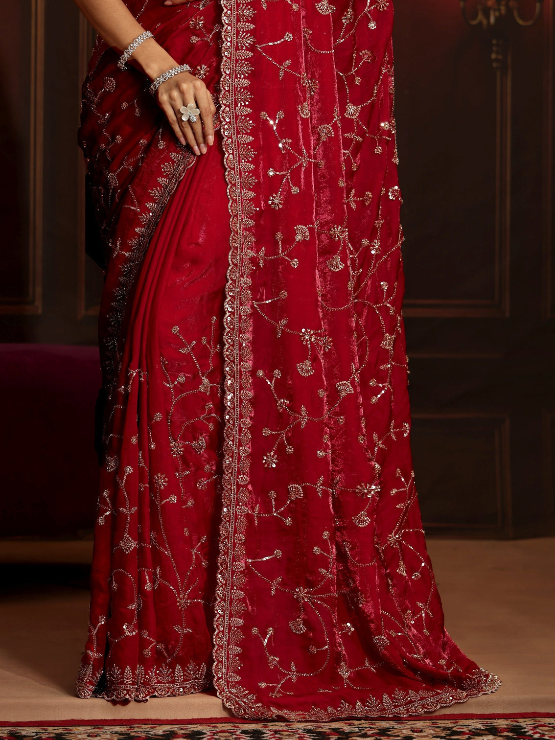 Mameraa Art Crimson Red Floral Embellished Tissue Saree