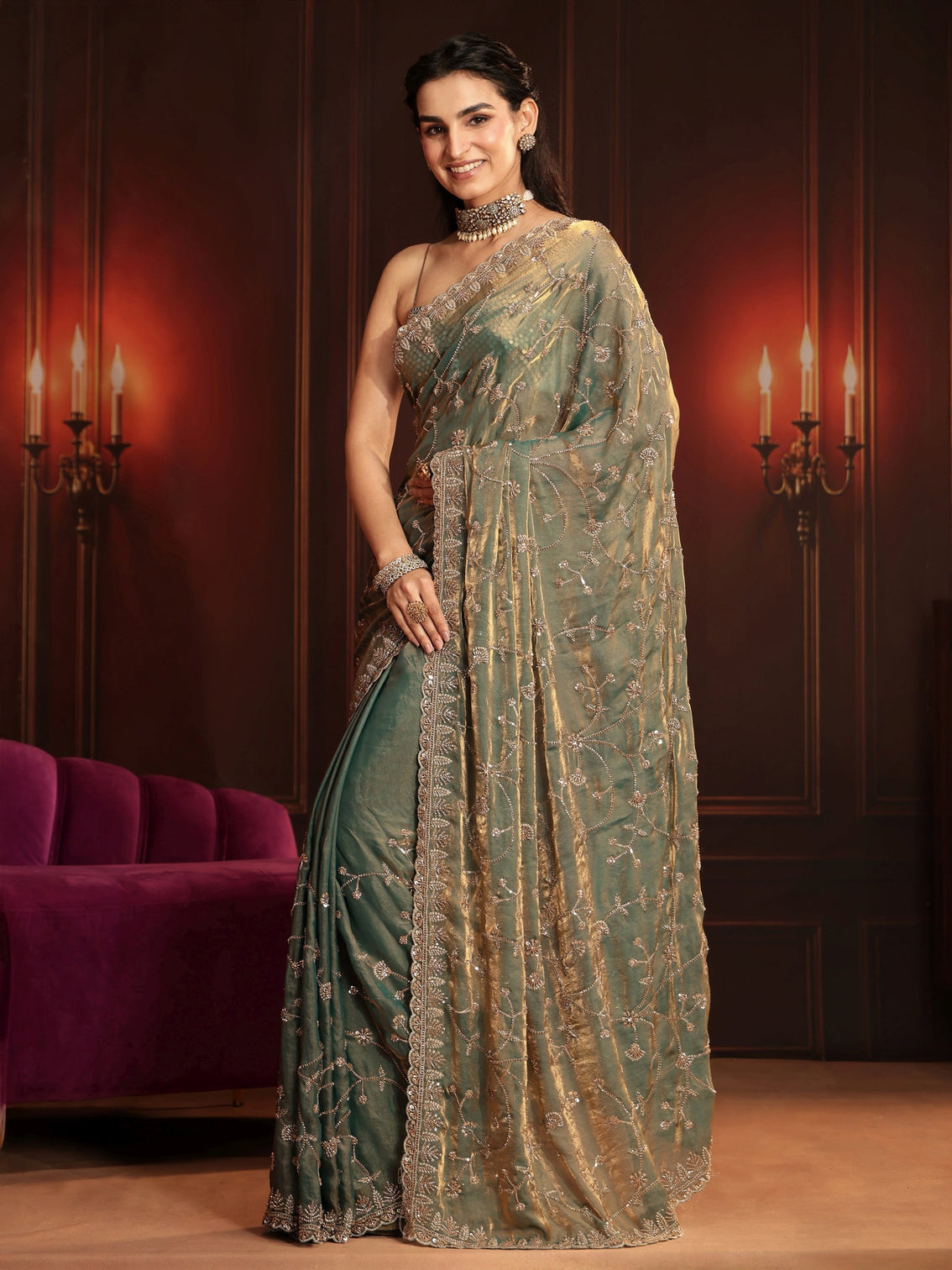 Mameraa Art Dusty Sea Green Floral Embellished Tissue Saree