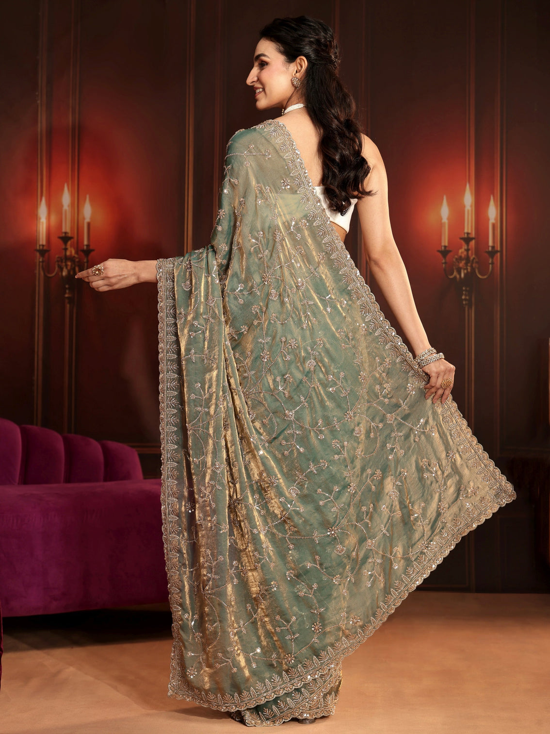 Mameraa Art Dusty Sea Green Floral Embellished Tissue Saree