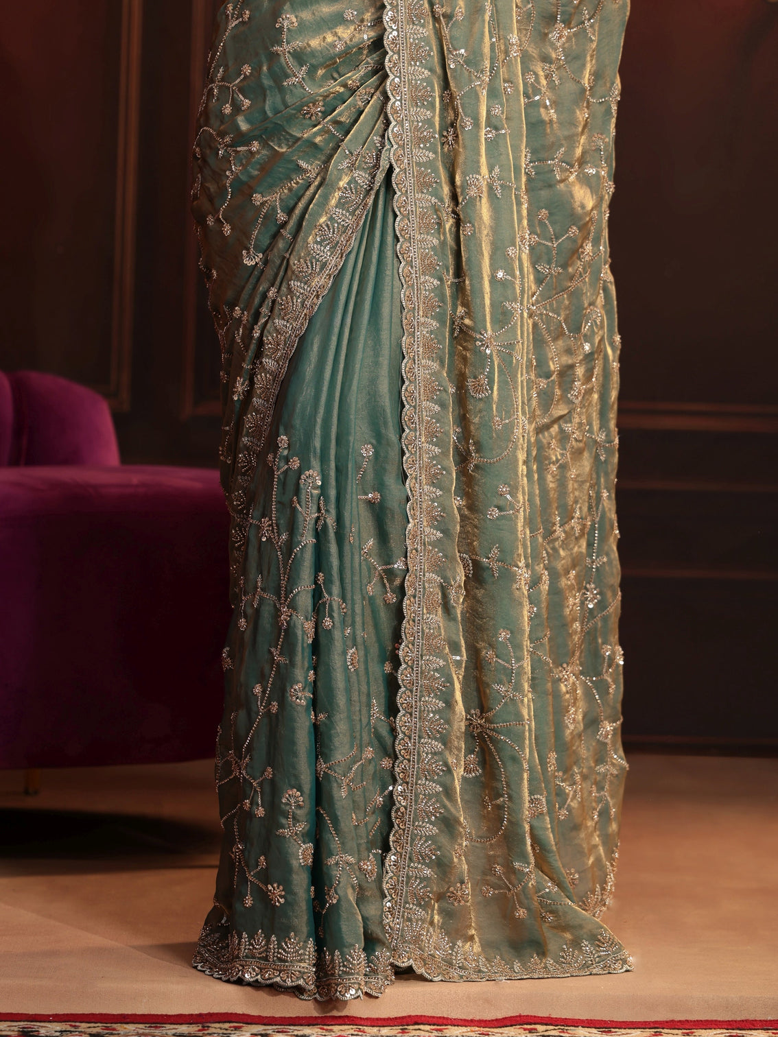 Mameraa Art Dusty Sea Green Floral Embellished Tissue Saree