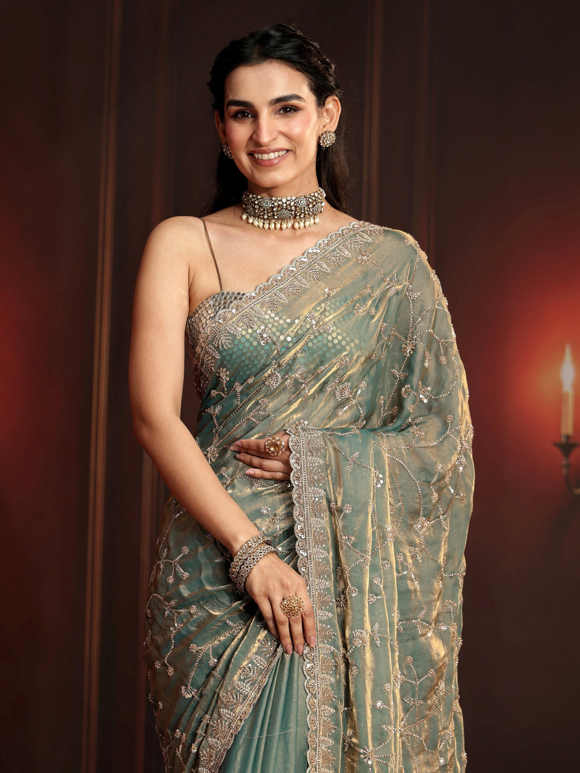 Mameraa Art Dusty Sea Green Floral Embellished Tissue Saree