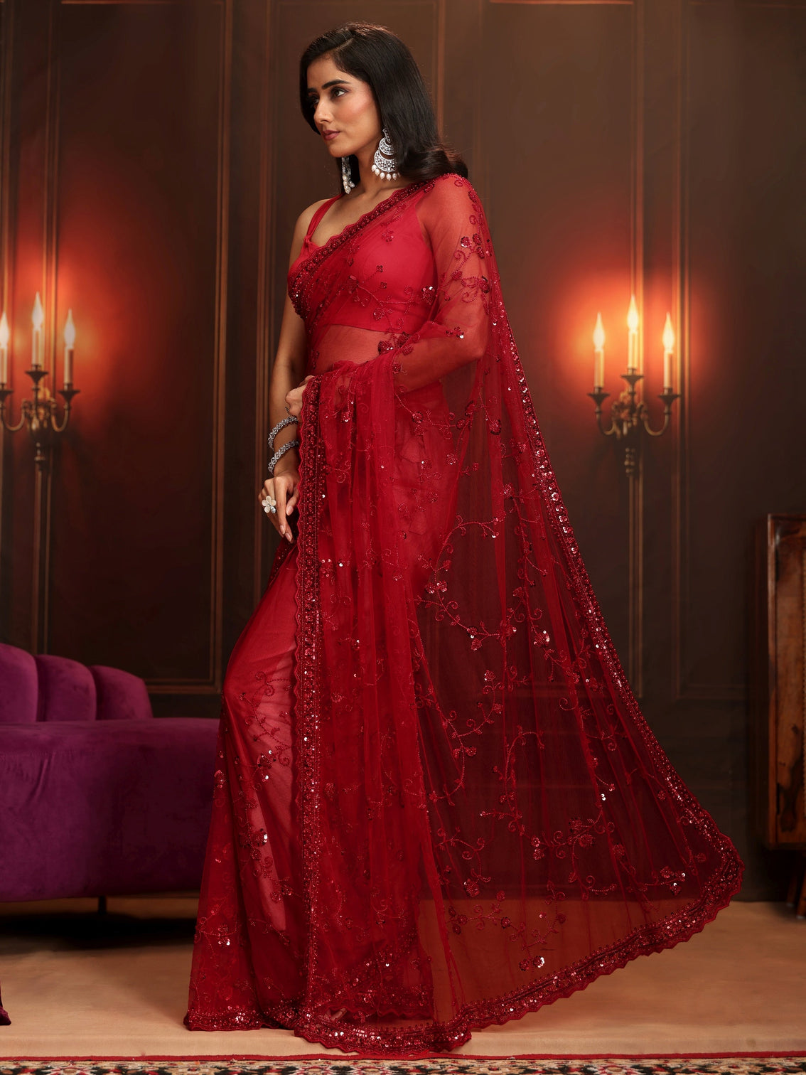 Mameraa Art Ruby Red Floral Embellished Net Saree