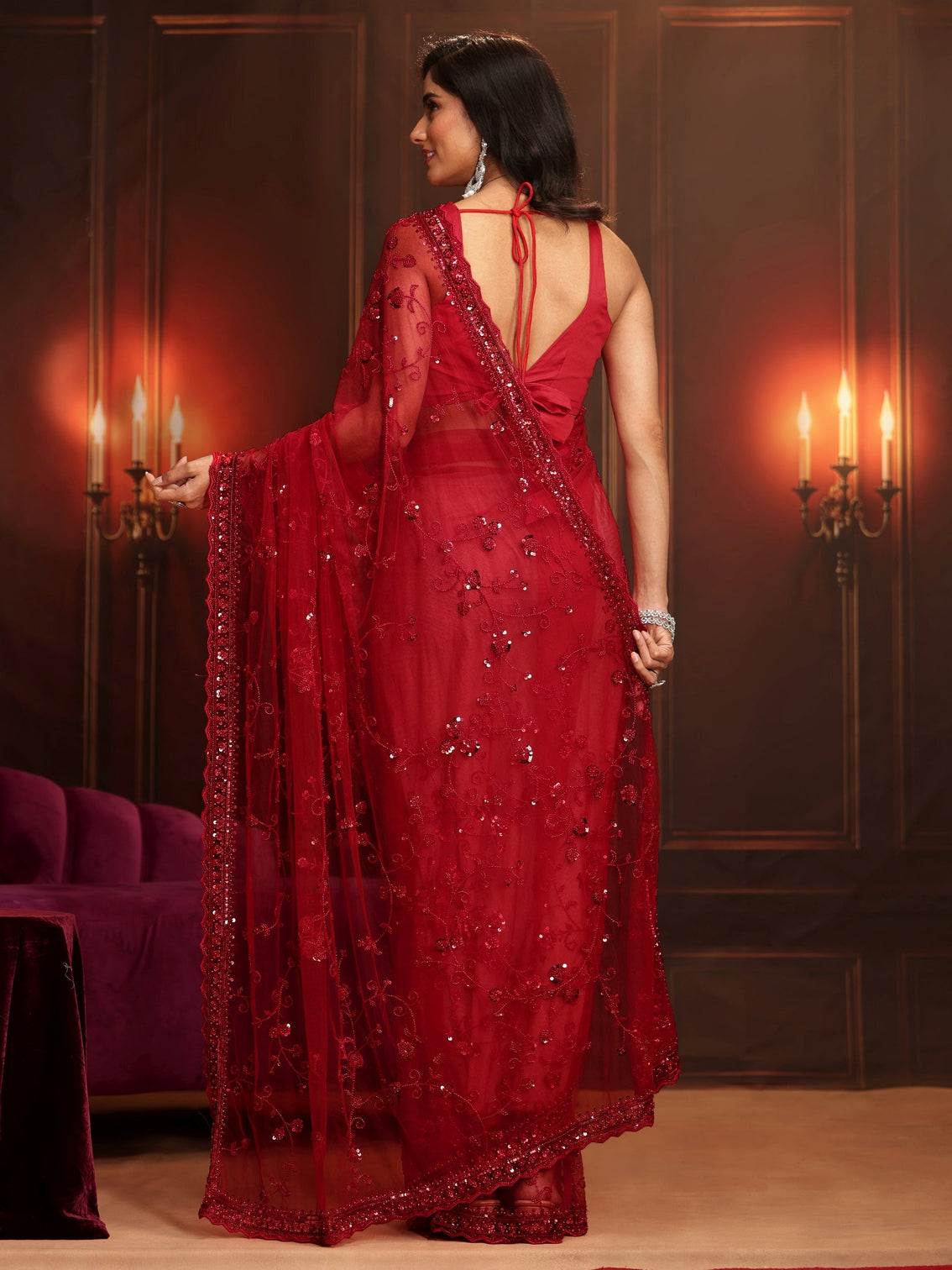 Mameraa Art Ruby Red Floral Embellished Net Saree