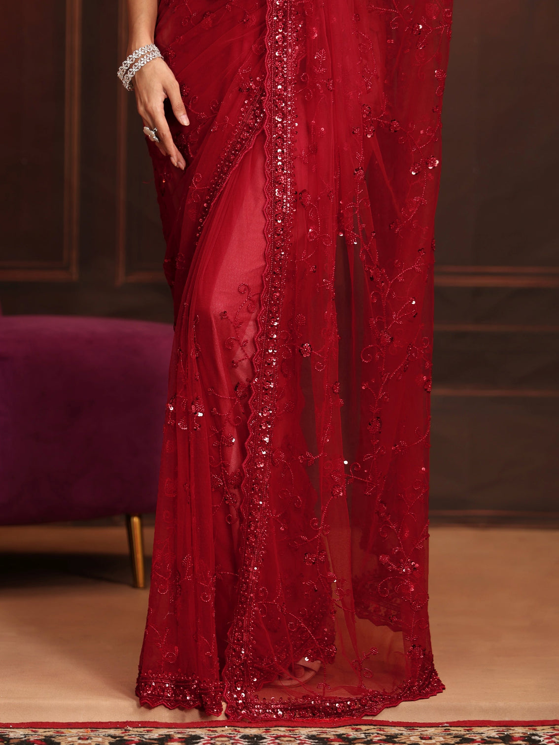 Mameraa Art Ruby Red Floral Embellished Net Saree