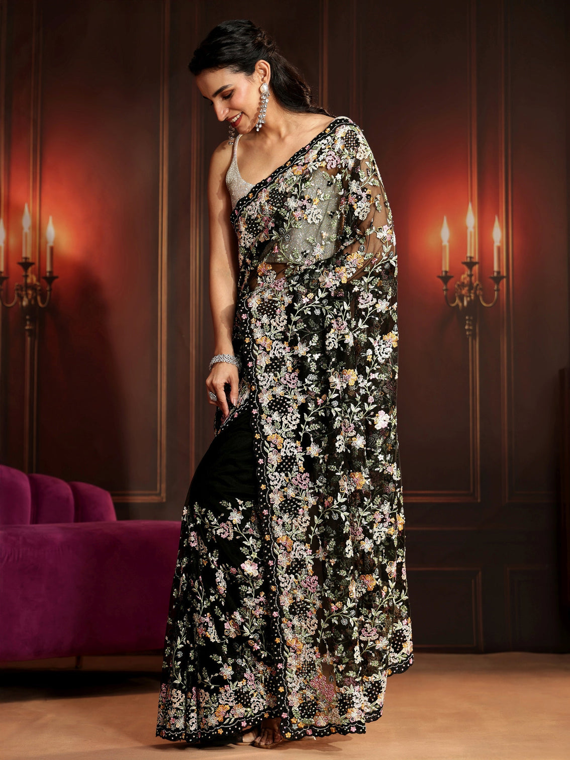 Mameraa Art Black Floral Embroidered Net Saree