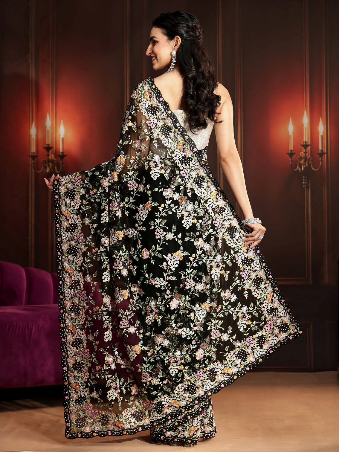 Mameraa Art Black Floral Embroidered Net Saree