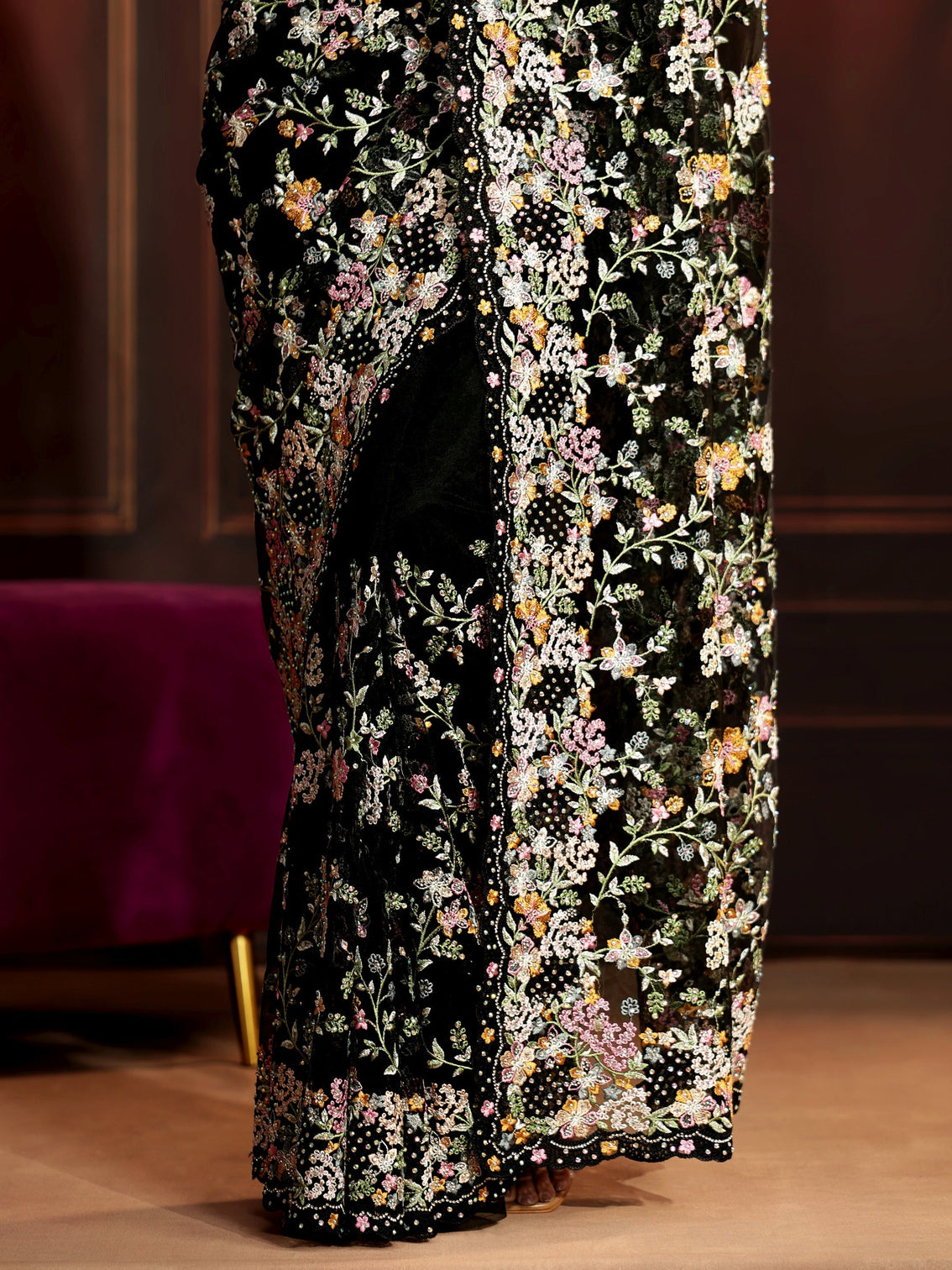 Mameraa Art Black Floral Embroidered Net Saree