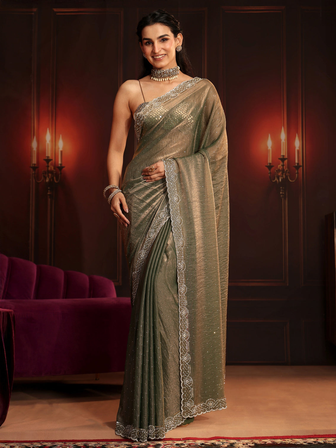Mameraa Art Dusty Olive Green Embellished Tissue Saree