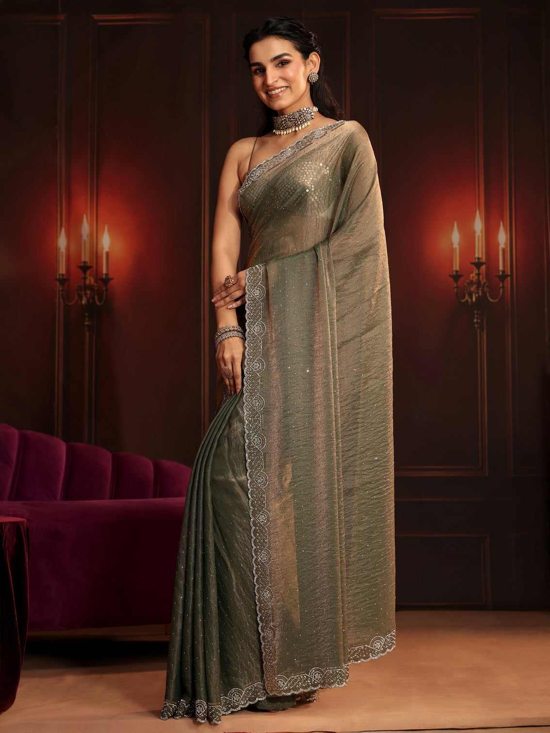 Mameraa Art Dusty Olive Green Embellished Tissue Saree