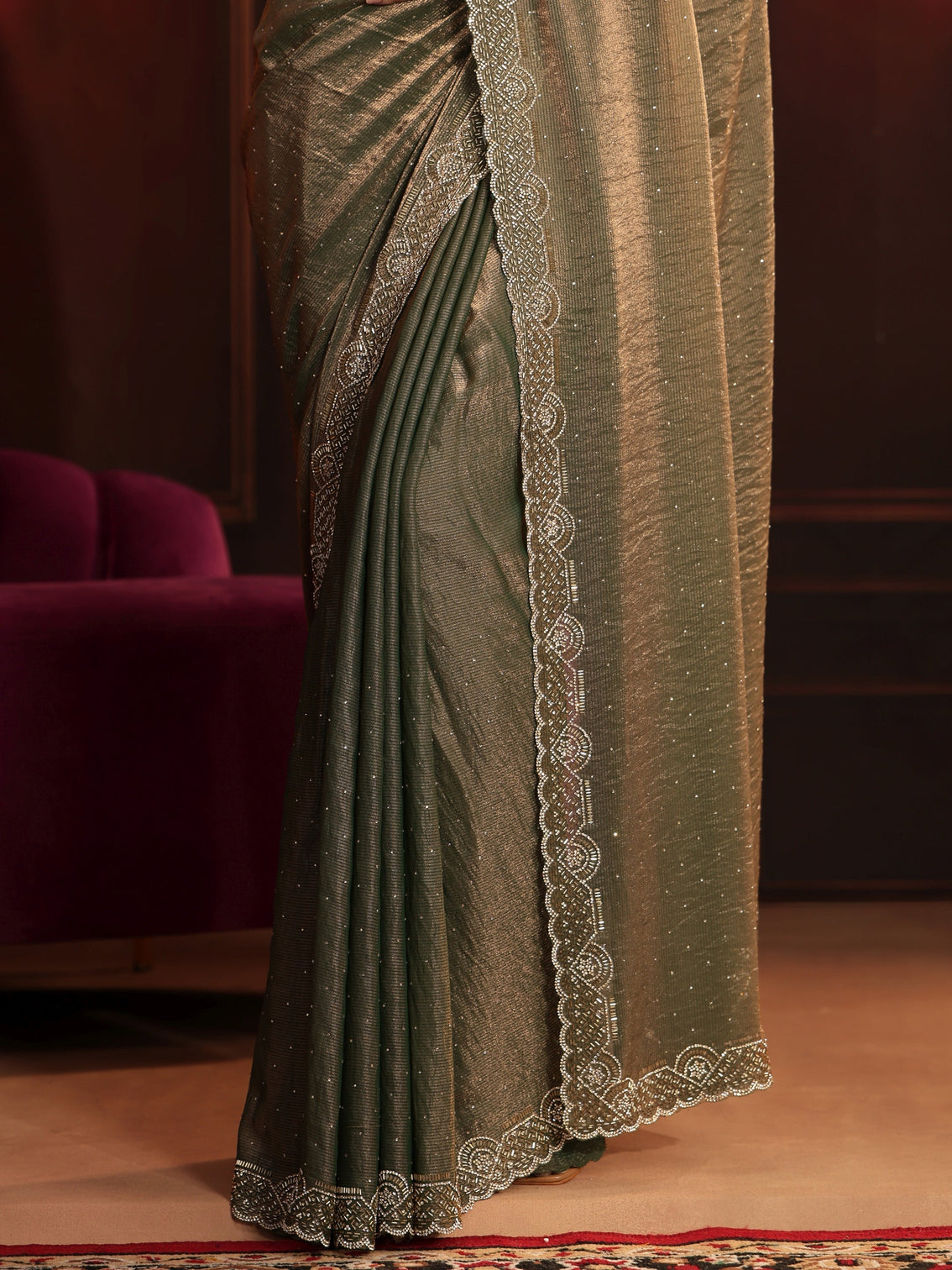 Mameraa Art Dusty Olive Green Embellished Tissue Saree
