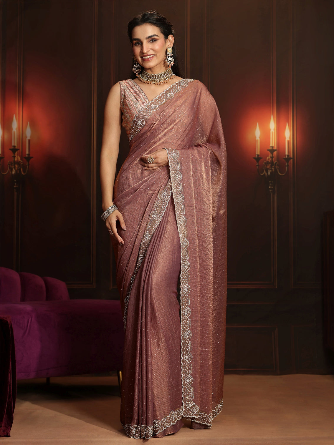 Mameraa Art Mauve Embellished Tissue Saree