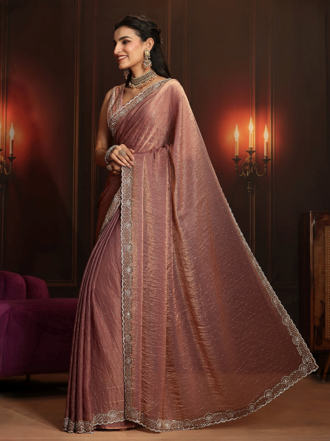 Mameraa Art Mauve Embellished Tissue Saree