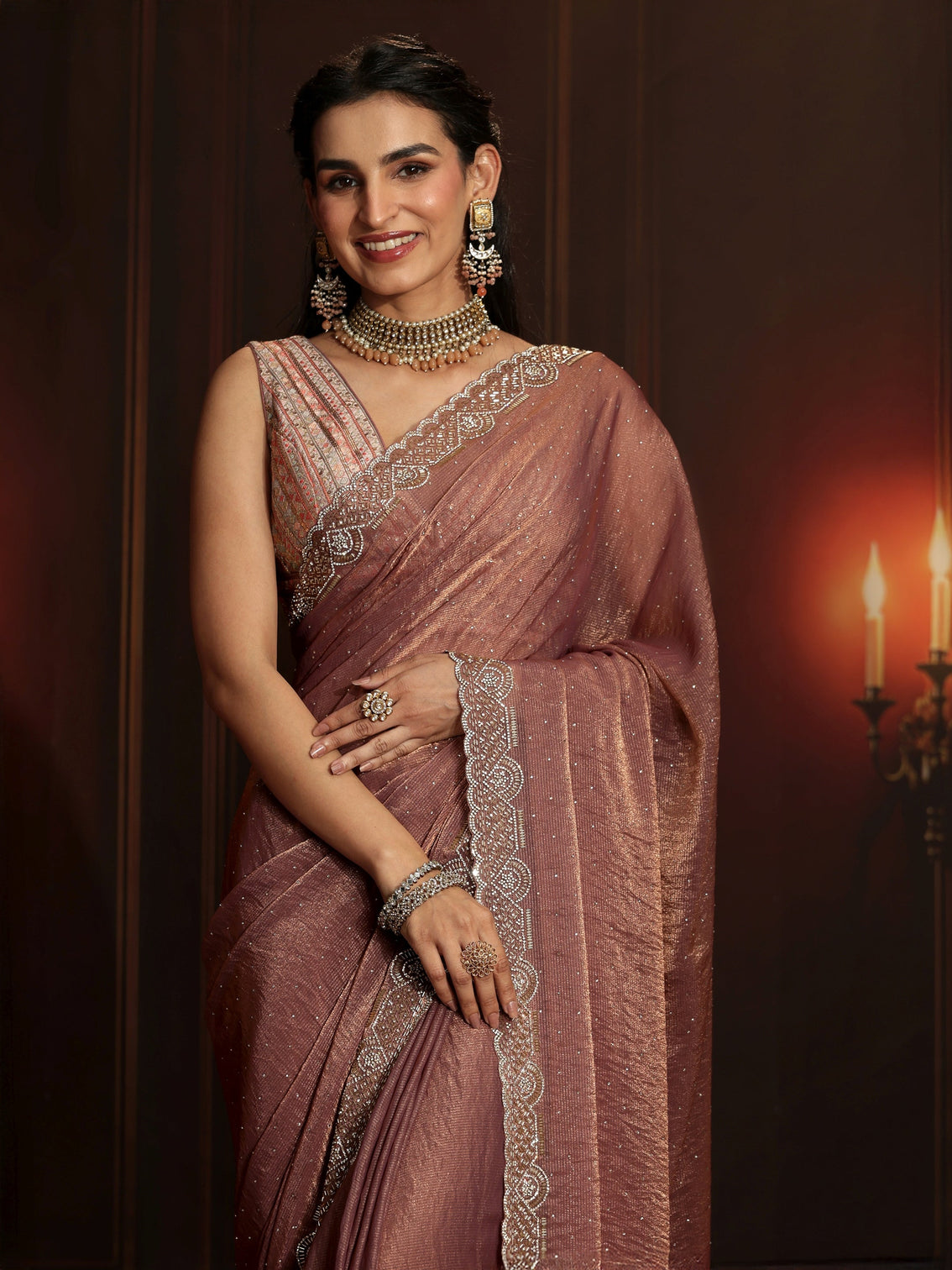 Mameraa Art Mauve Embellished Tissue Saree