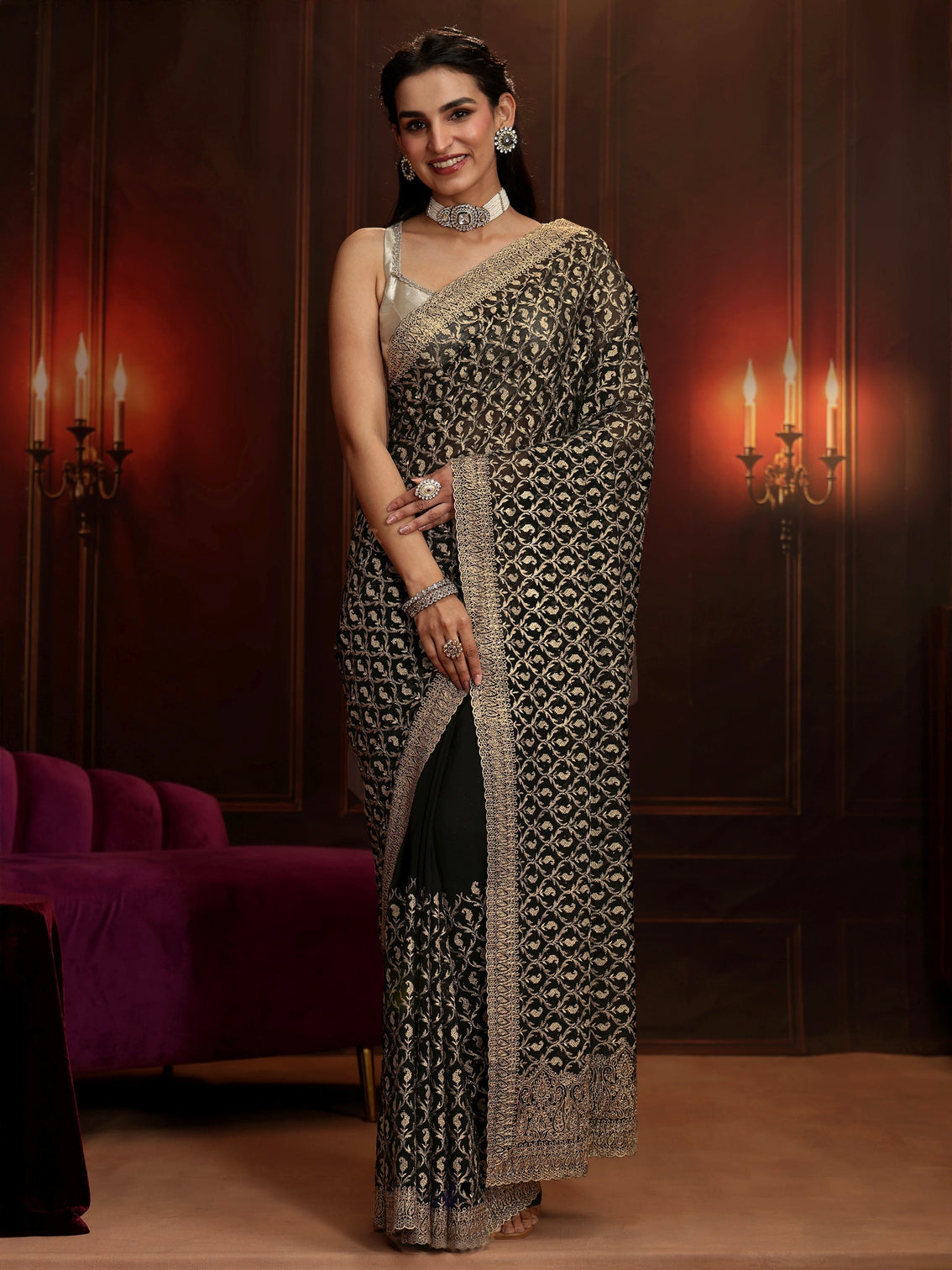Mameraa Art Black Embroidered Georgette Saree