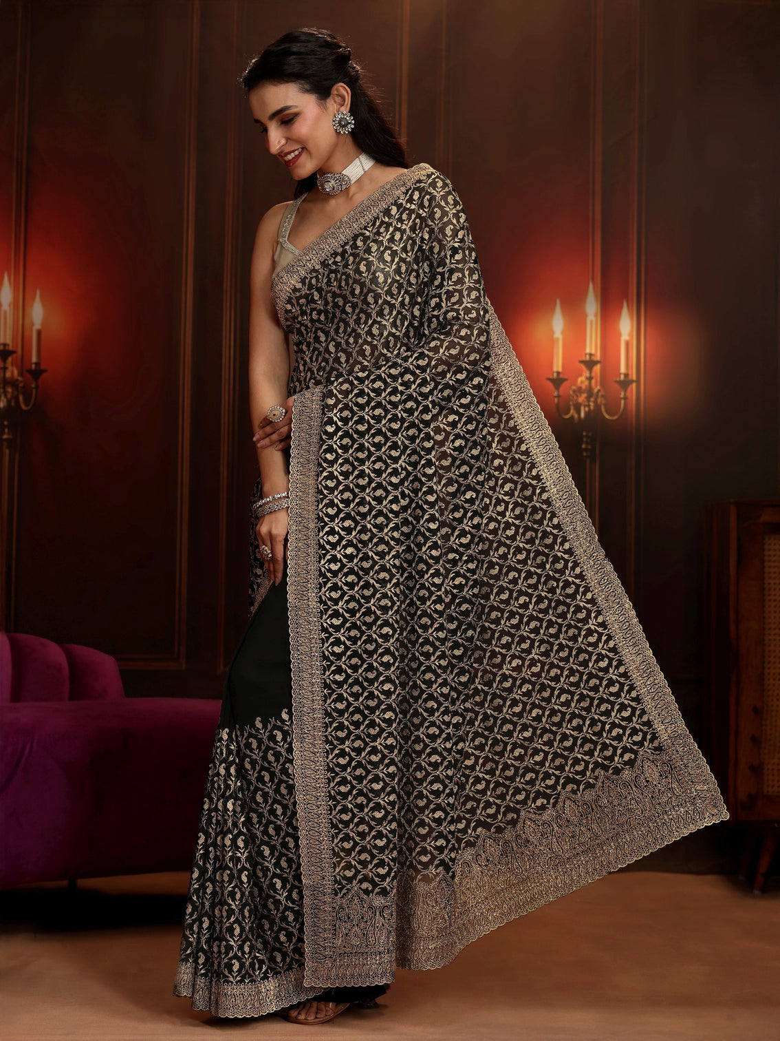 Mameraa Art Black Embroidered Georgette Saree