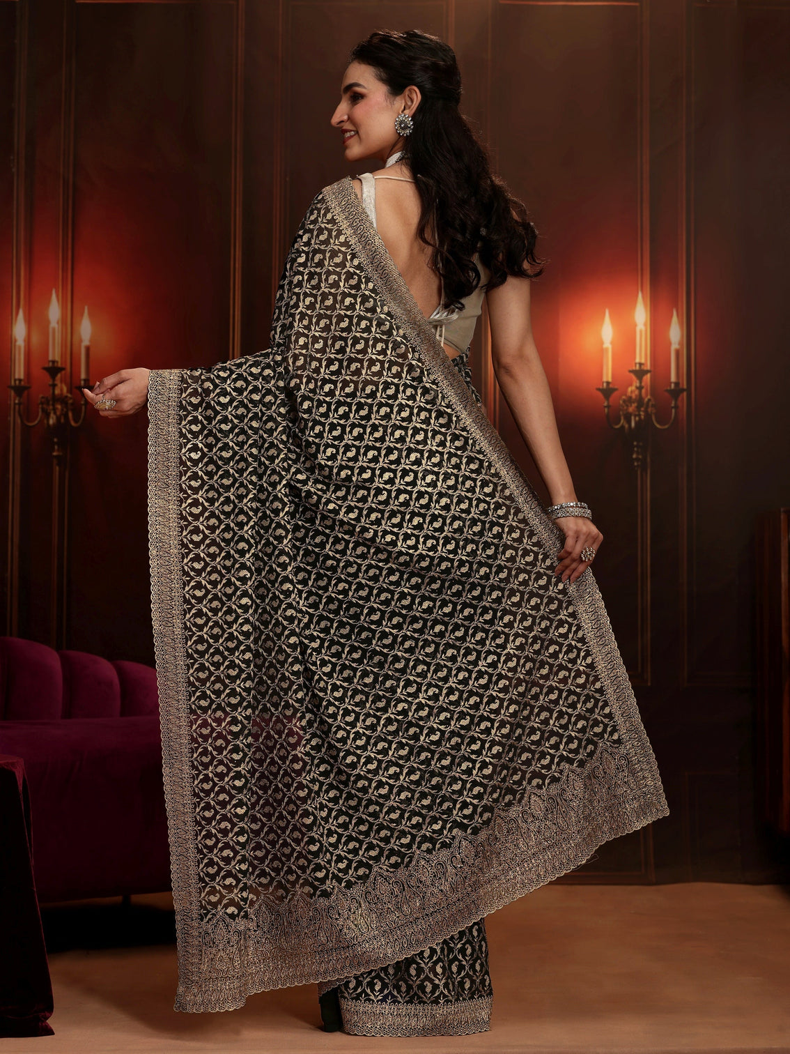 Mameraa Art Black Embroidered Georgette Saree