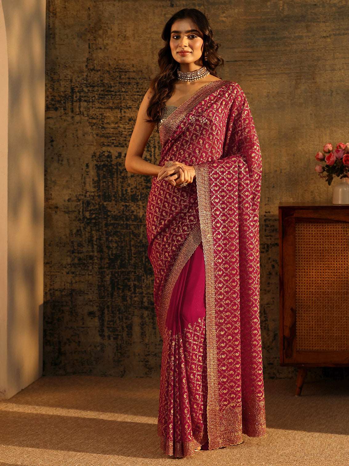 Mameraa Art Magenta Pink Embroidered Georgette Saree