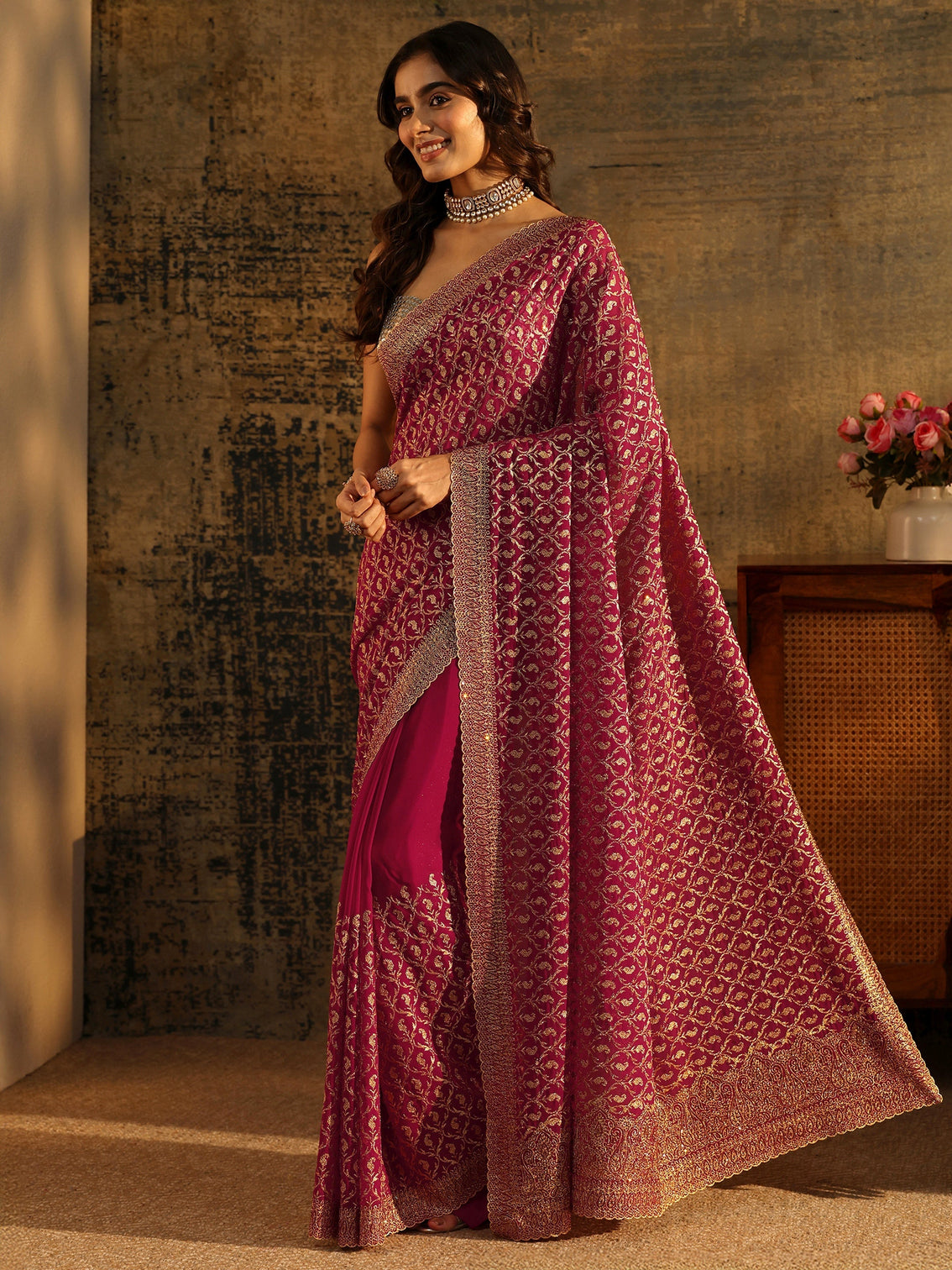 Mameraa Art Magenta Pink Embroidered Georgette Saree