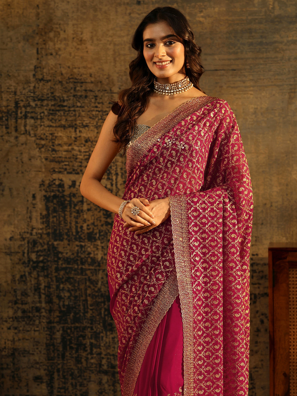 Mameraa Art Magenta Pink Embroidered Georgette Saree