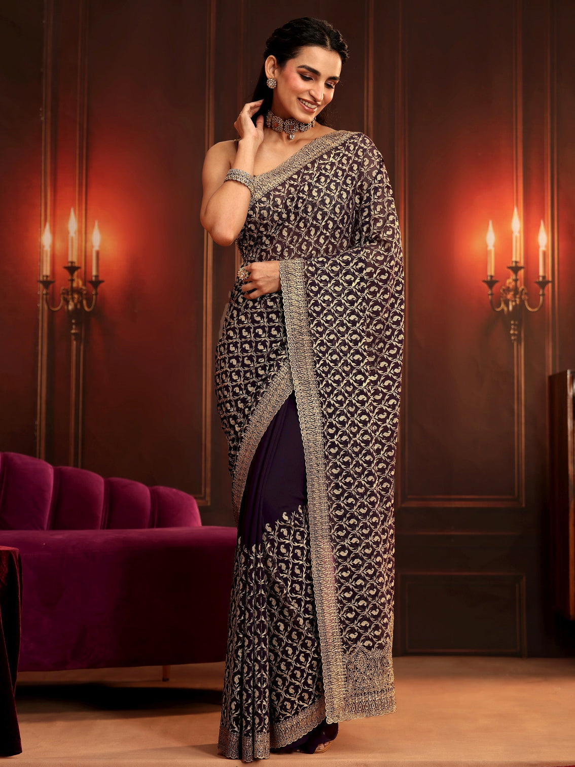 Mameraa Art Aubergine Purple Embroidered Georgette Saree