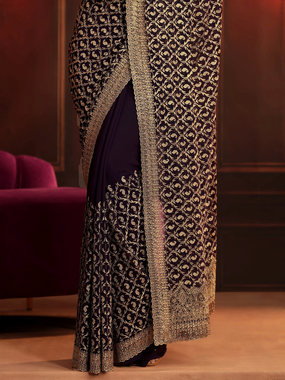 Mameraa Art Aubergine Purple Embroidered Georgette Saree