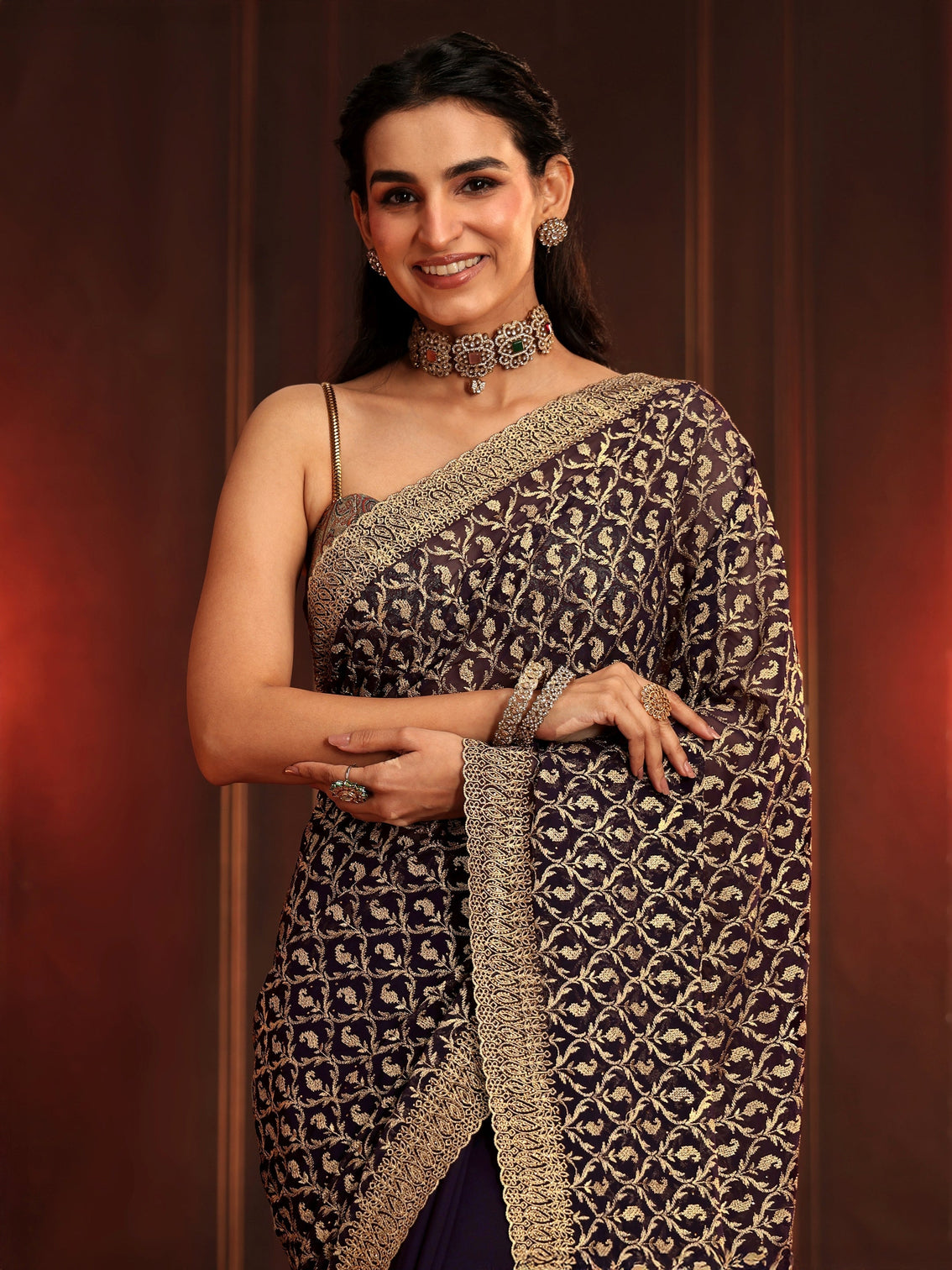 Mameraa Art Aubergine Purple Embroidered Georgette Saree