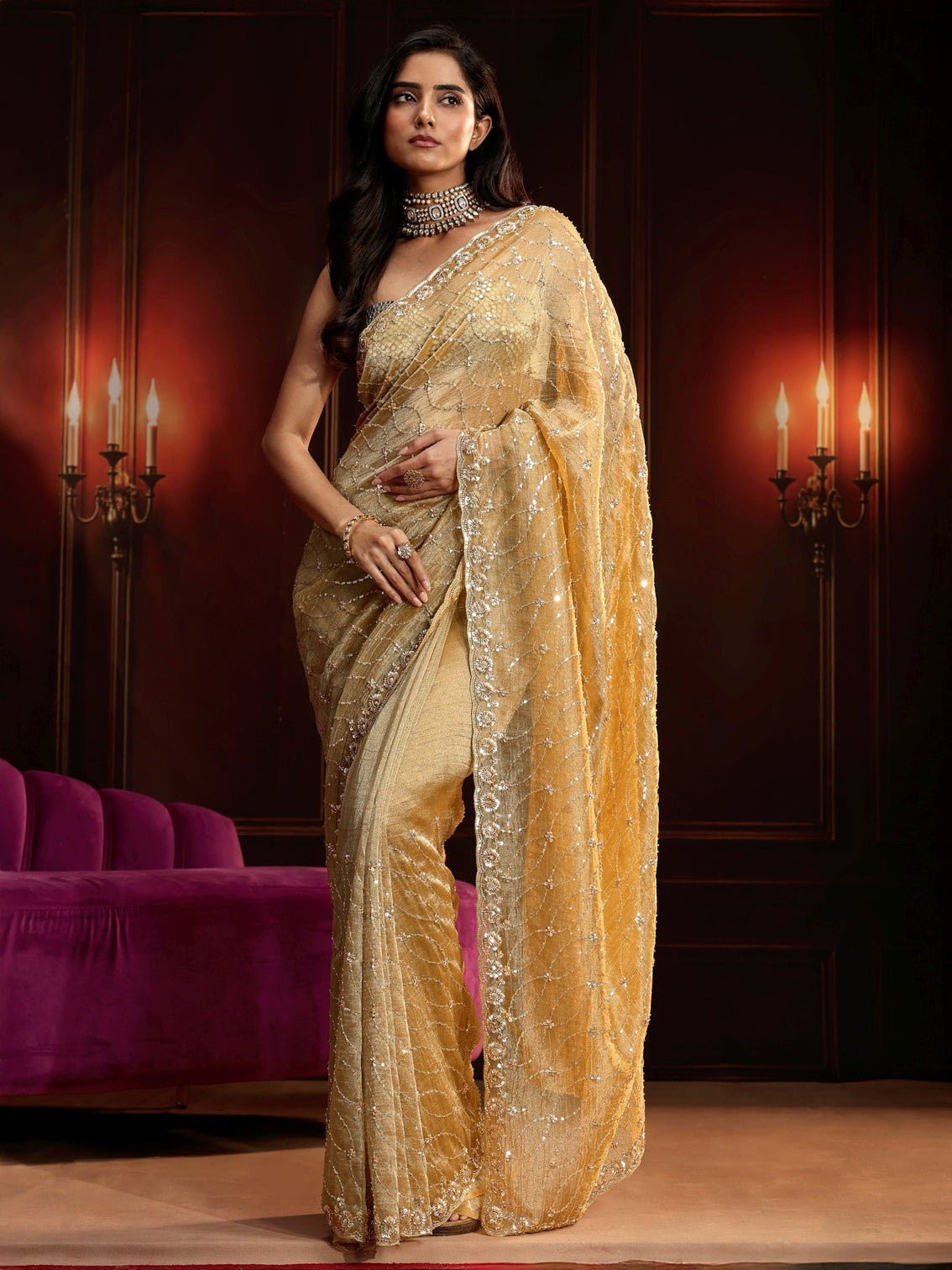 Mameraa Art Golden Sequin Embellished Net Saree
