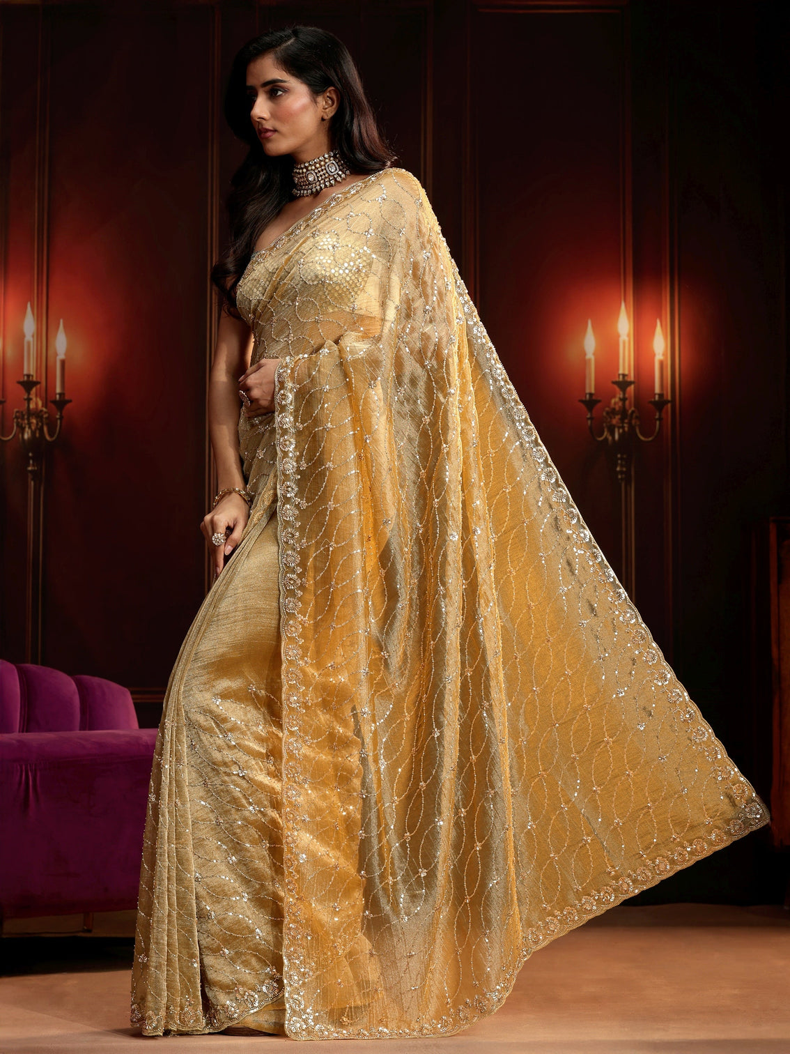 Mameraa Art Golden Sequin Embellished Net Saree