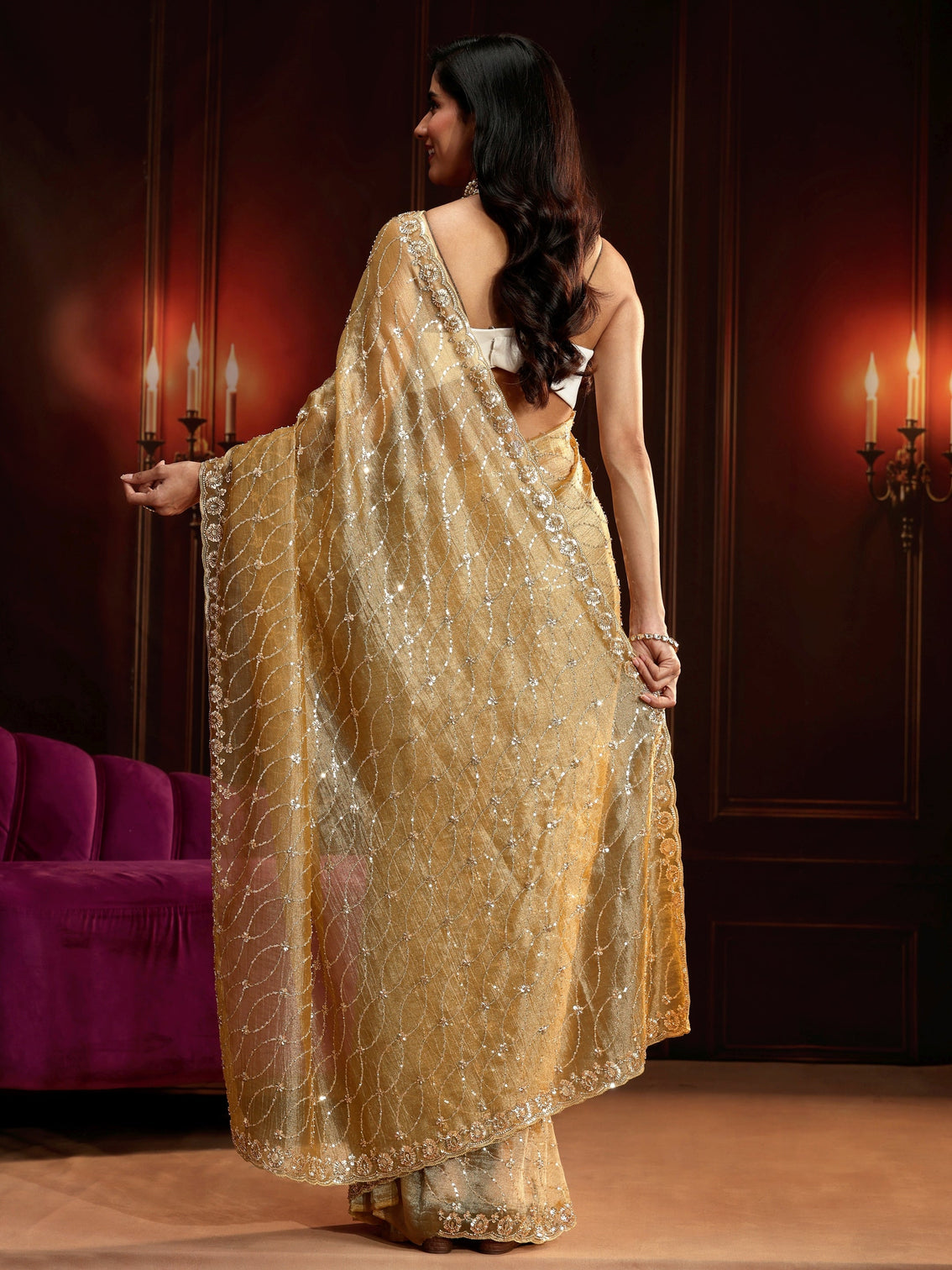 Mameraa Art Golden Sequin Embellished Net Saree