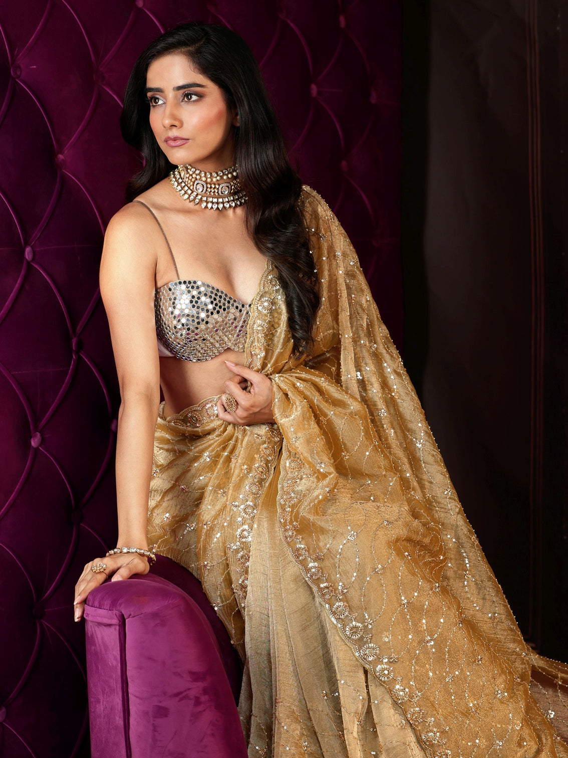 Mameraa Art Golden Sequin Embellished Net Saree