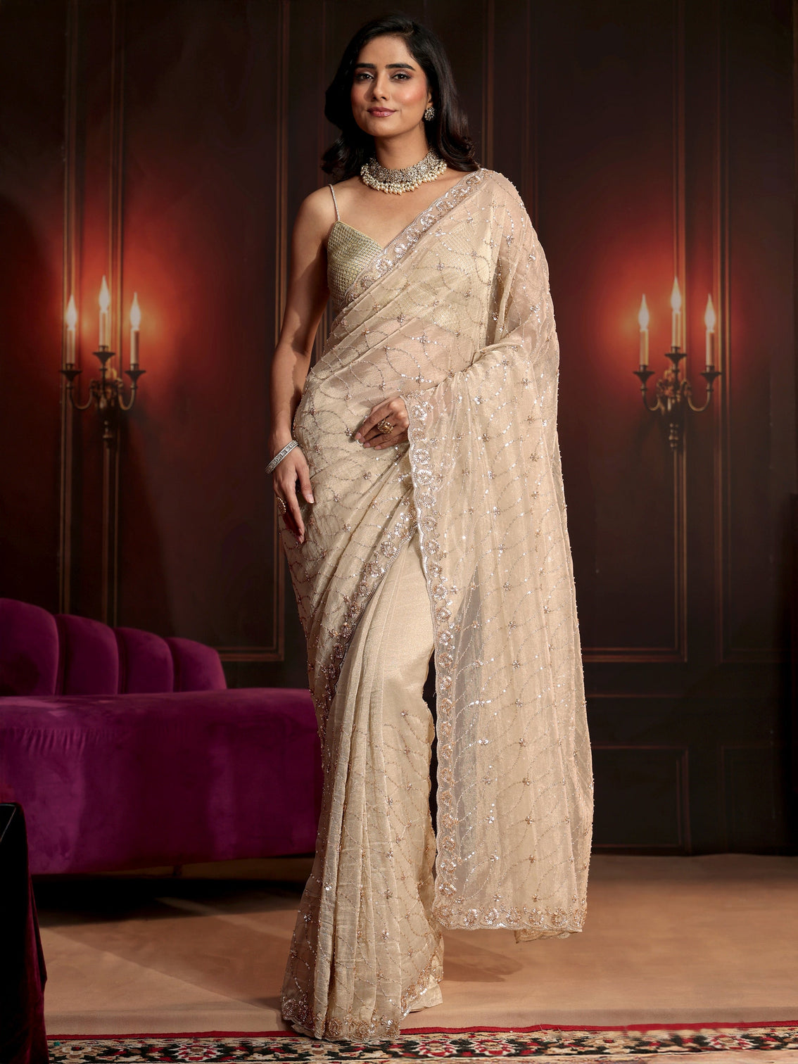 Mameraa Art Cream Sequin Embellished Net Saree