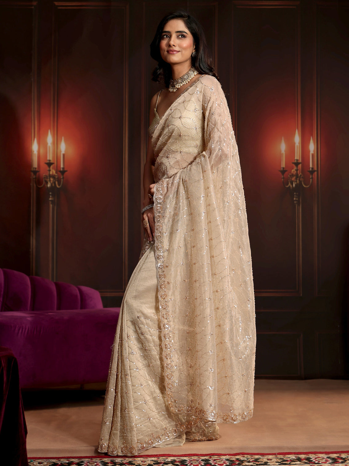 Mameraa Art Cream Sequin Embellished Net Saree
