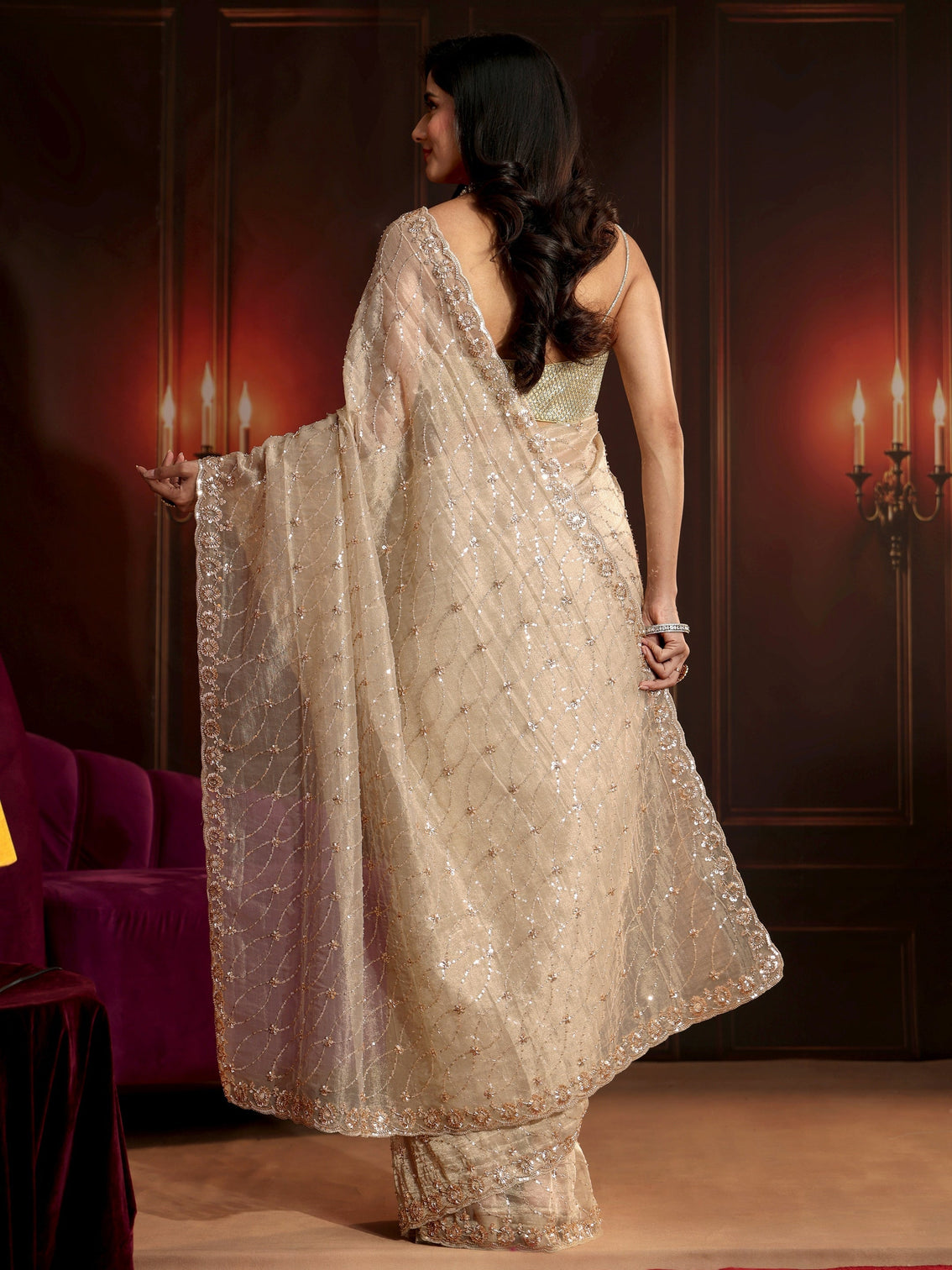 Mameraa Art Cream Sequin Embellished Net Saree