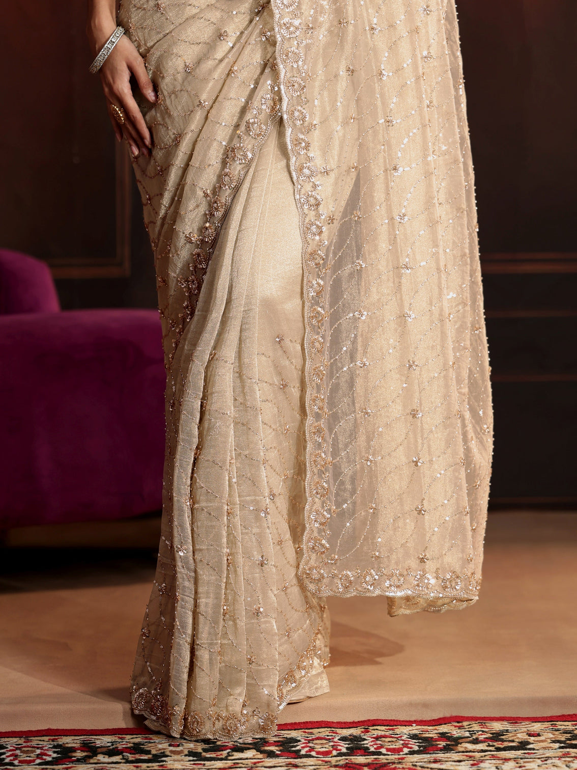 Mameraa Art Cream Sequin Embellished Net Saree