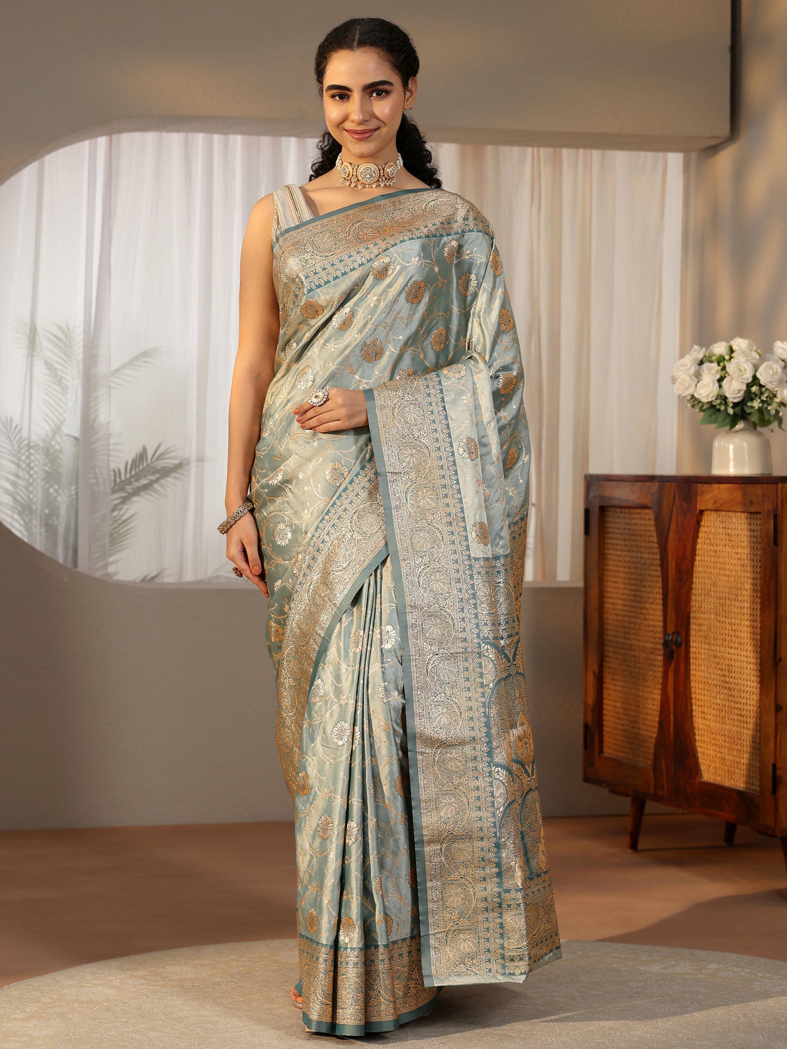 Mameraa Dusty Blue Banarasi Satin Saree