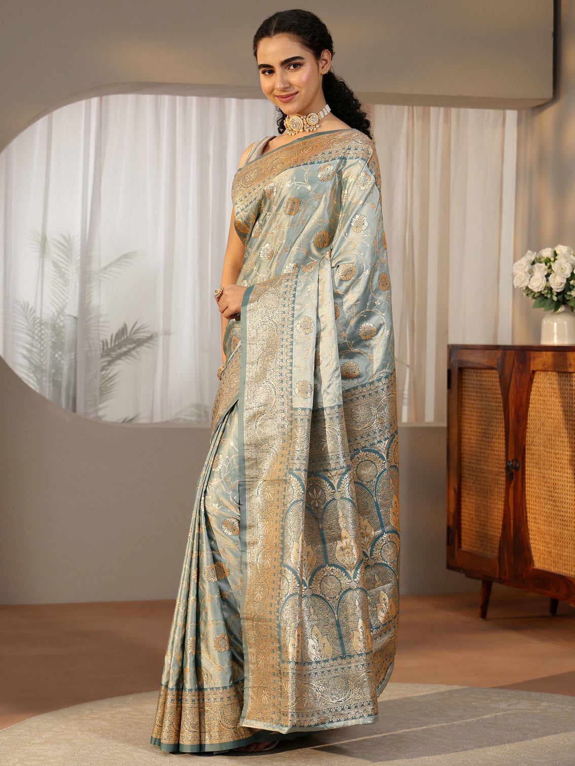 Mameraa Dusty Blue Banarasi Satin Saree