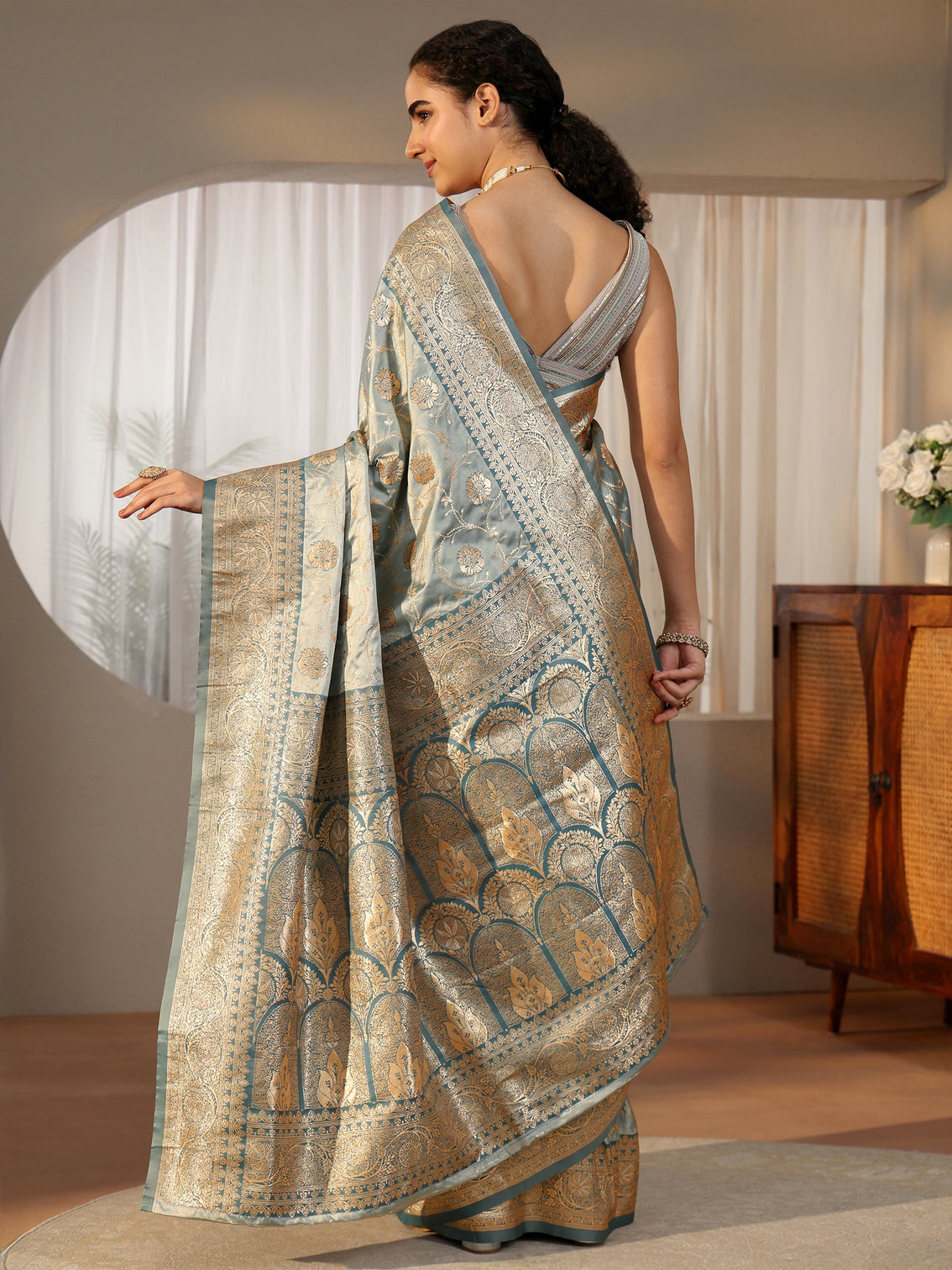 Mameraa Dusty Blue Banarasi Satin Saree