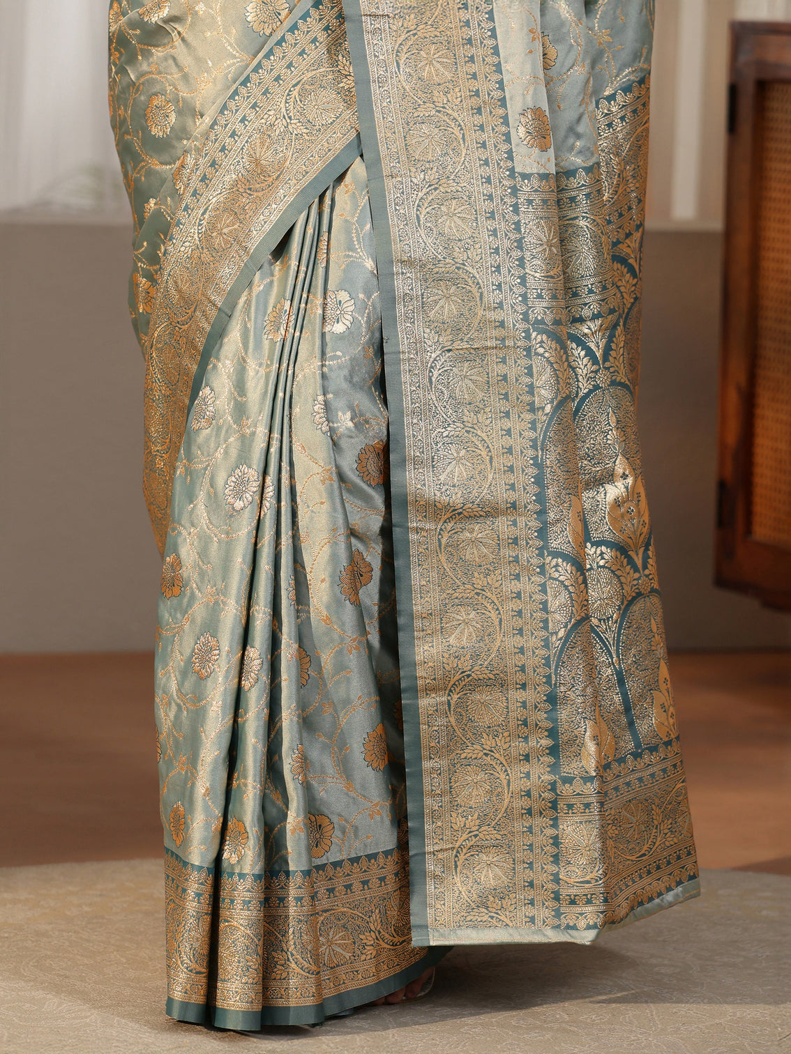 Mameraa Dusty Blue Banarasi Satin Saree