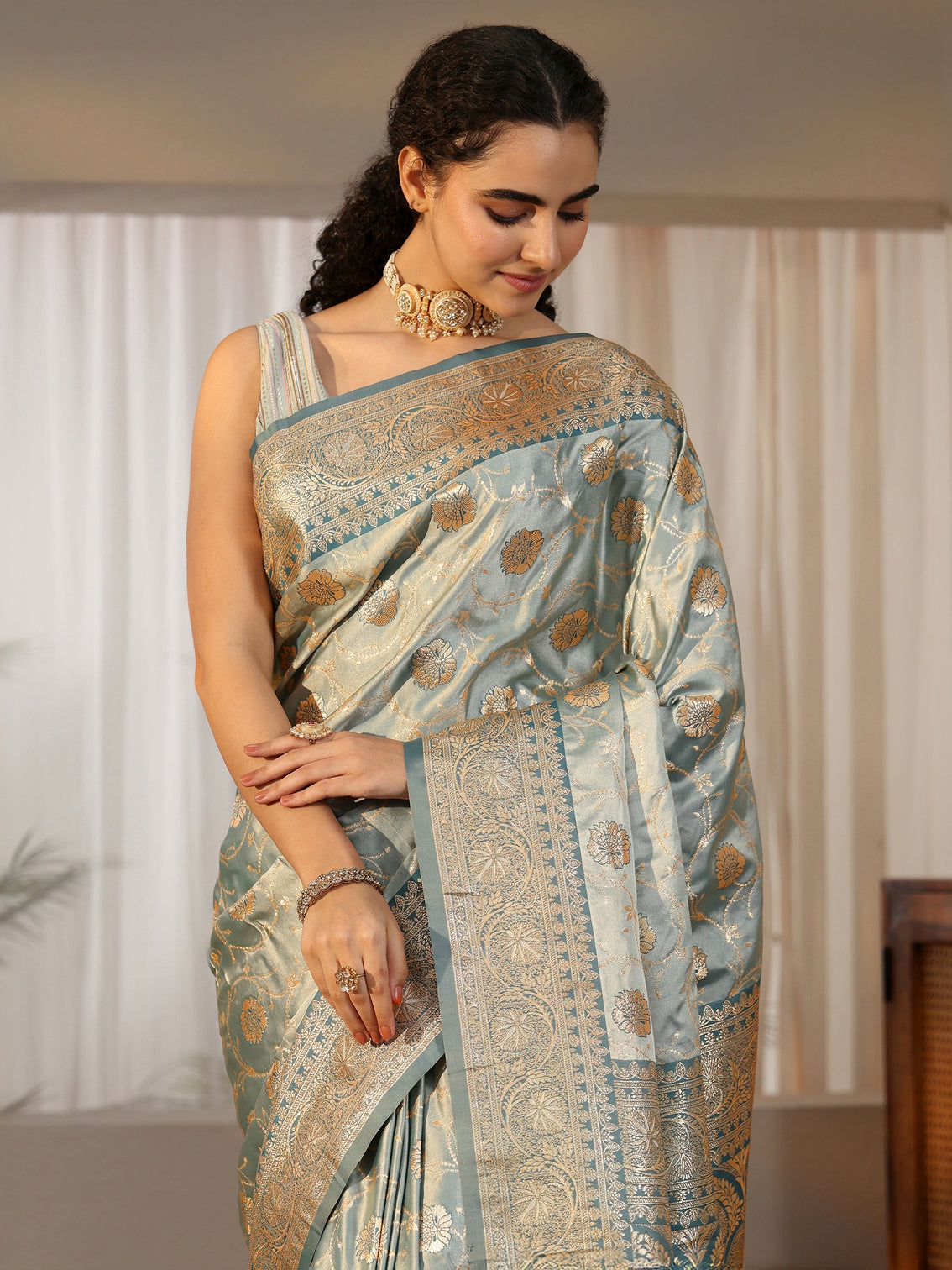 Mameraa Dusty Blue Banarasi Satin Saree