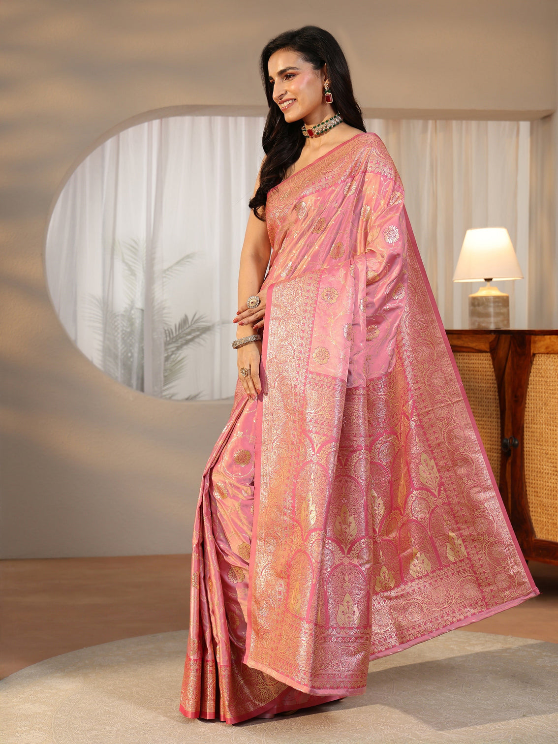 Mameraa Rose Pink Banarasi Satin Saree