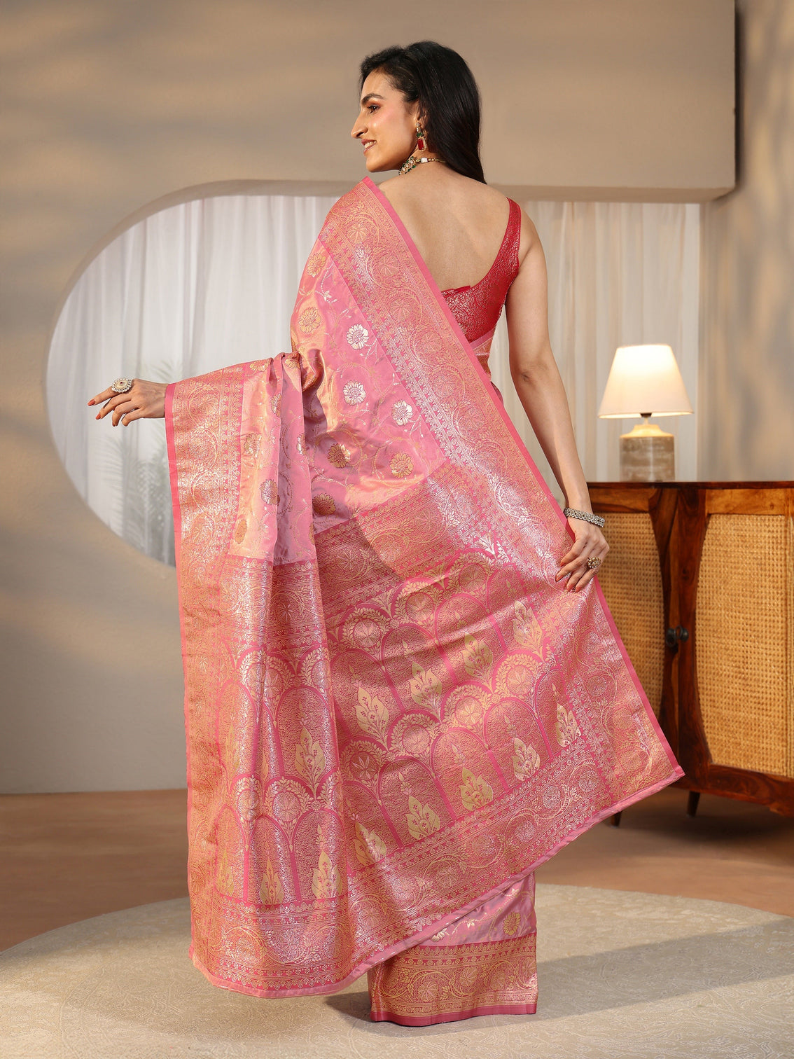 Mameraa Rose Pink Banarasi Satin Saree