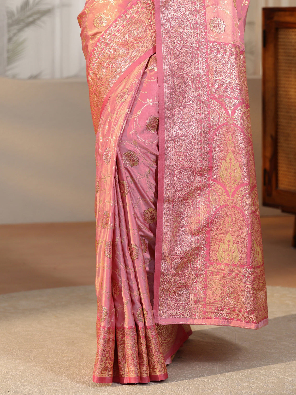 Mameraa Rose Pink Banarasi Satin Saree
