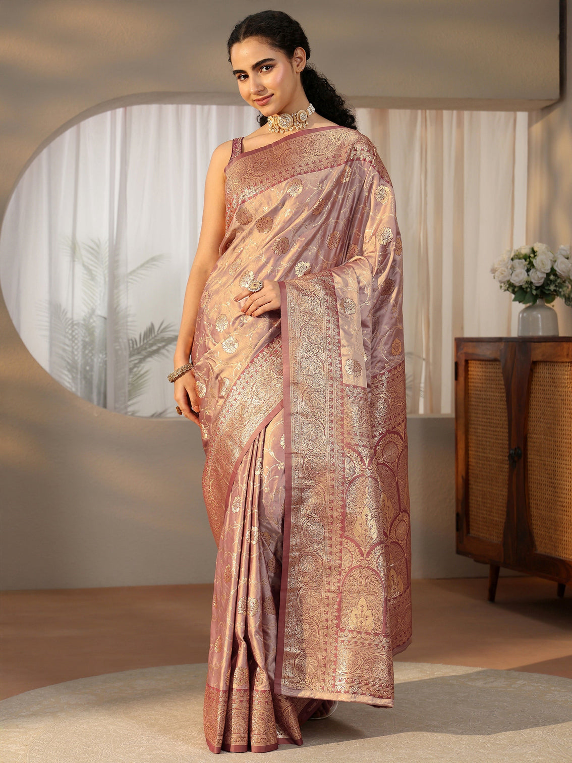 Mameraa Mauve Banarasi Satin Saree