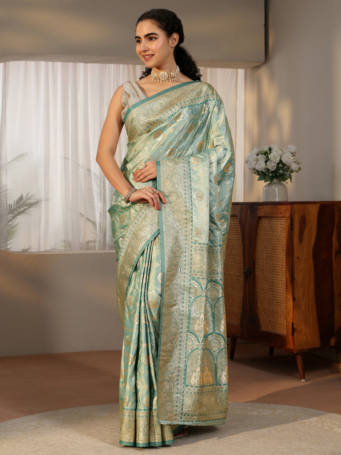Mameraa Sea Green Banarasi Satin Saree