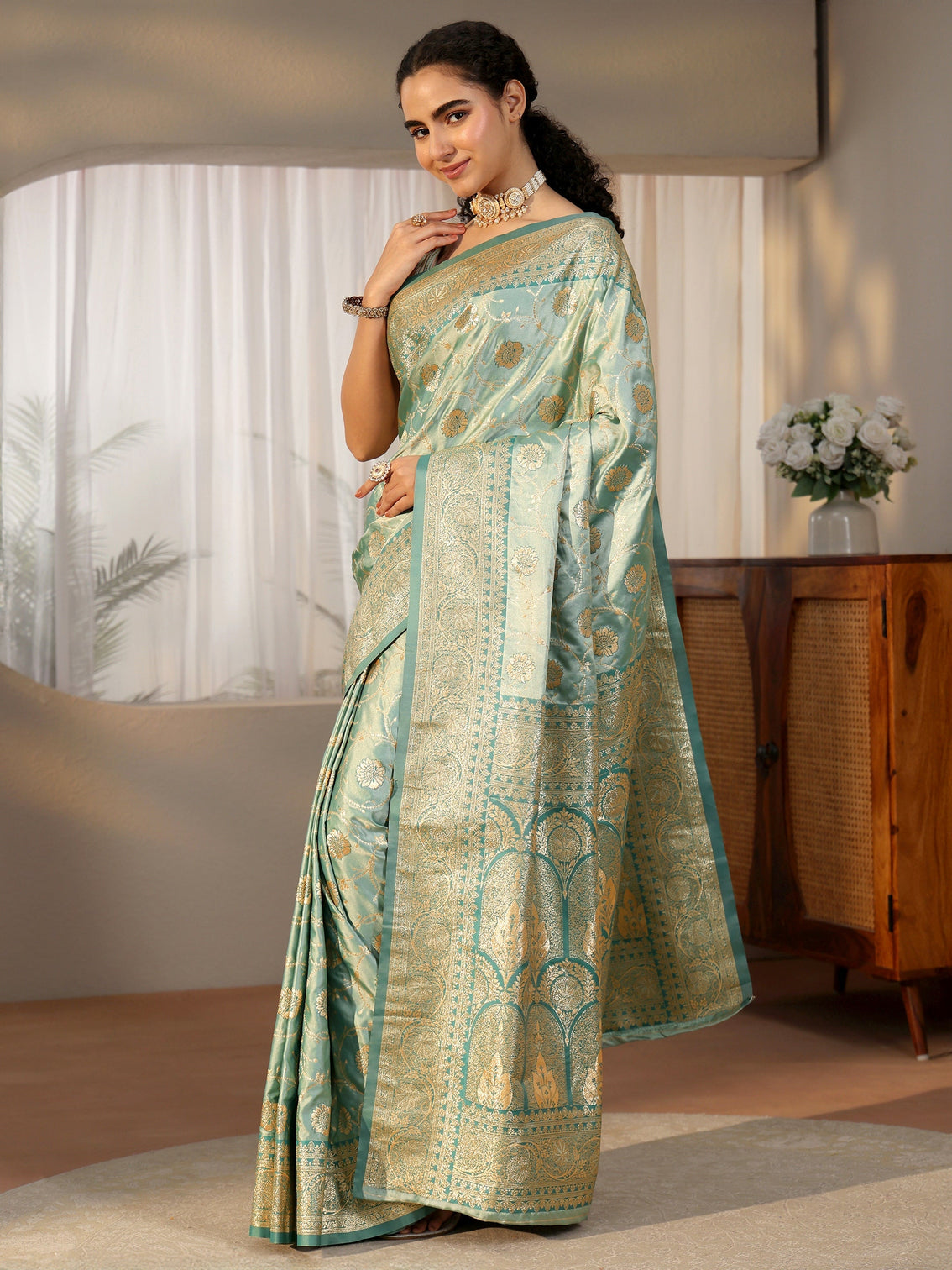 Mameraa Sea Green Banarasi Satin Saree